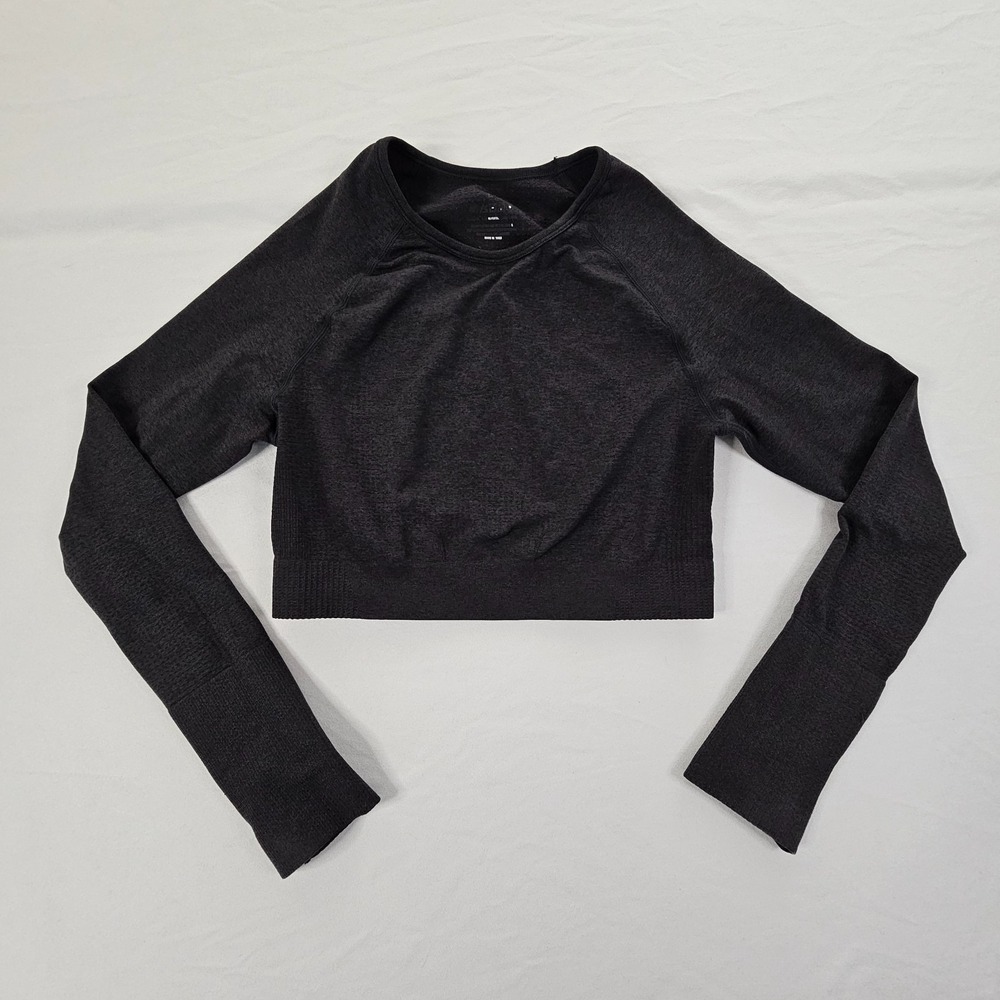 Aoxjox Marled Black Long Sleeve Thumbhole Cropped Fitted Workout Athletic Top L